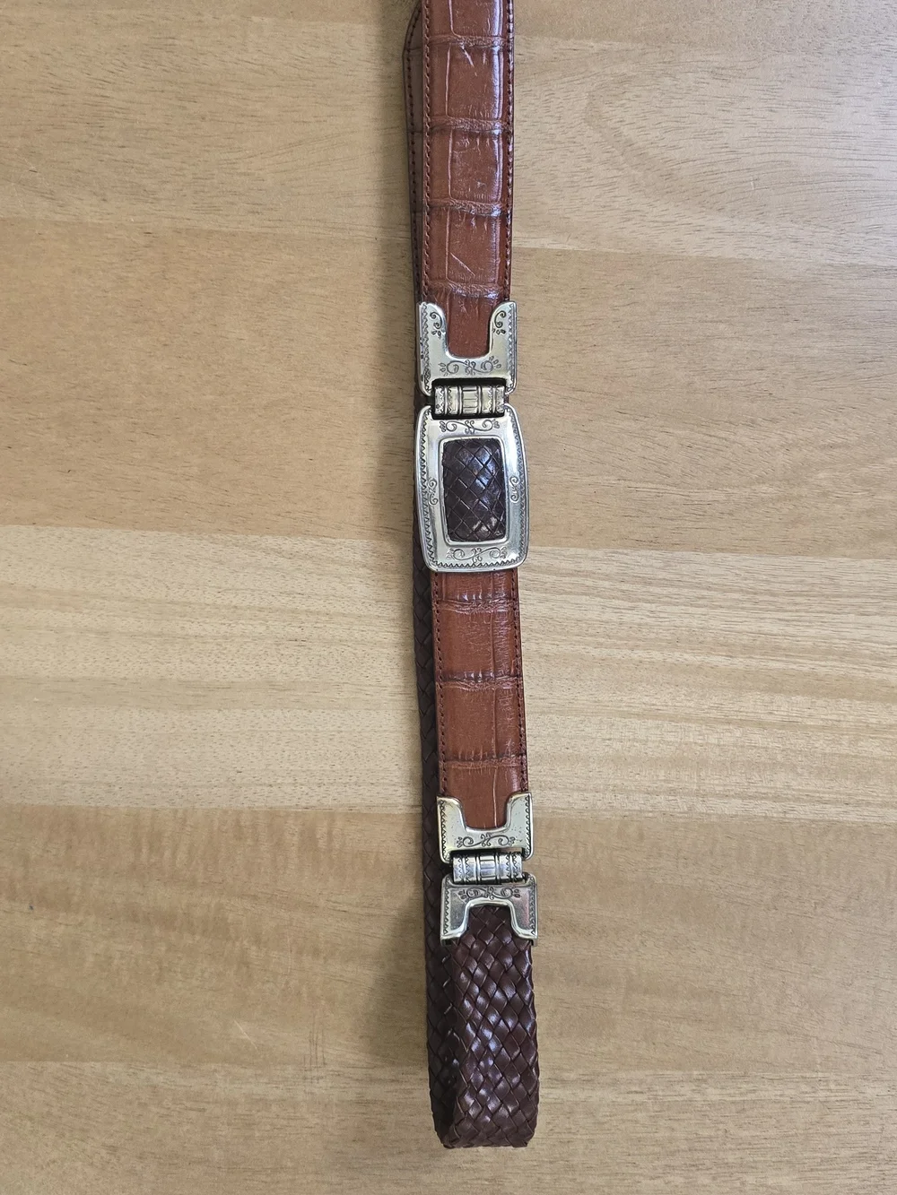 Brighton Women's Brown Leather Belt 9A107 Braided Croc Embossed Silver Tone M/L